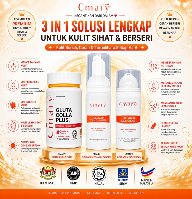 Combo 3 in 1: Cmary Gluta Colla Plus + Cmary Collagen Face Cream + Cmary Collagen Foam Cleanser
